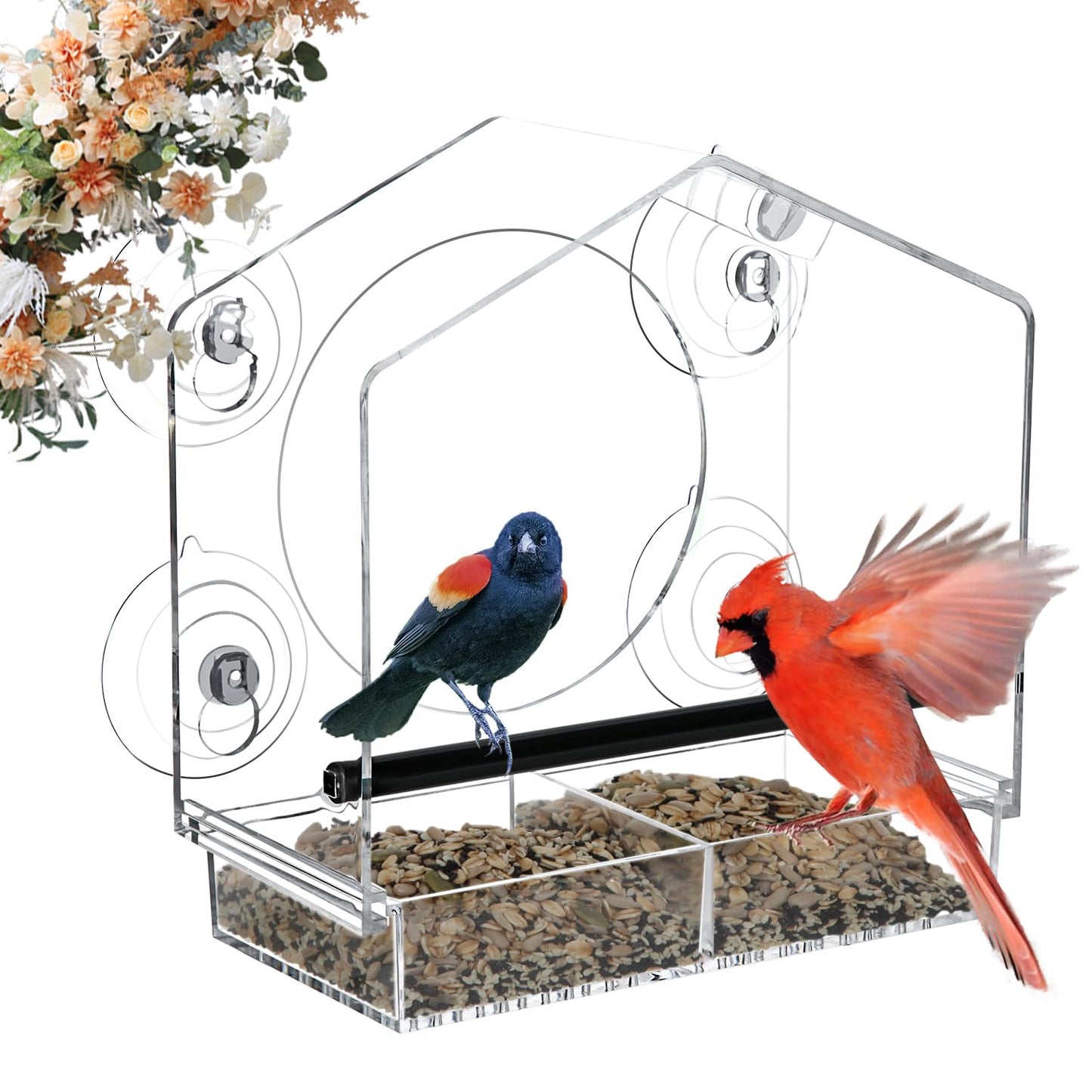 Clear Window Bird Feeder with Strong Suction Cups, Acrylic Viewing Feeder for Cats, Large Clear Window, Removable Sliding Seed Tray with Drainage, Easy to Clean and Refill