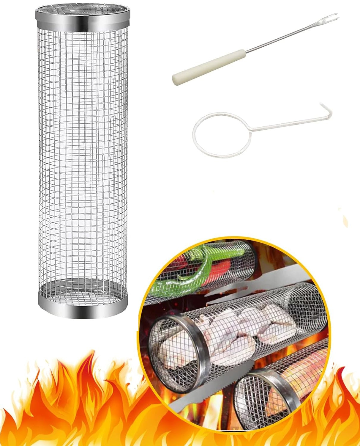 Versatile and Durable Stainless Steel Rolling Grill Basket for Fish, Meat, and Vegetables - Perfect for BBQ Lovers and Outdoor Cooking Enthusiasts