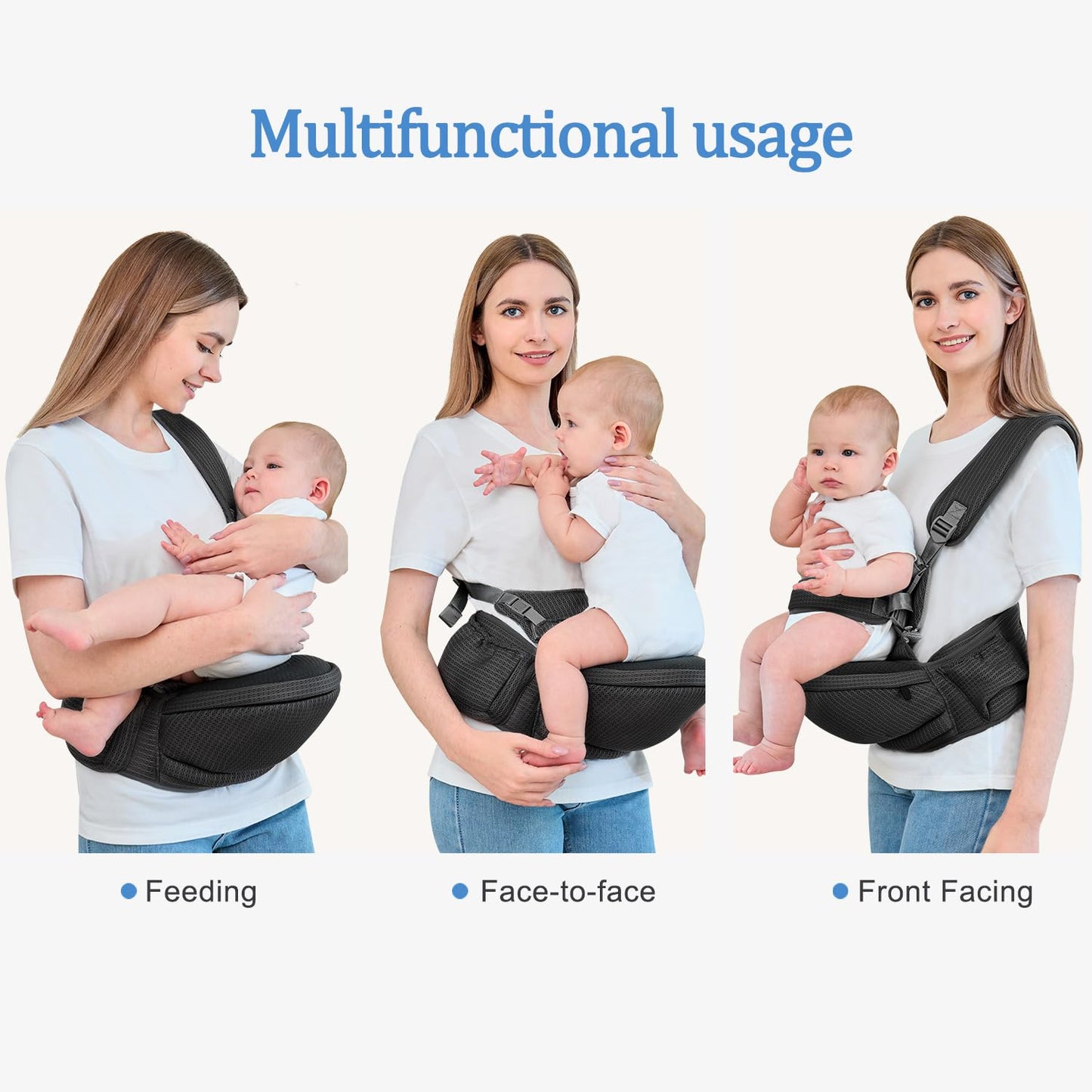 Baby Hip Carrier with Safety Strap, Ergonomic Hip Seat Toddler Carrier for 7-45 lbs (3.2-20.4 kg), Adjustable Waistband, Large Pockets, Black