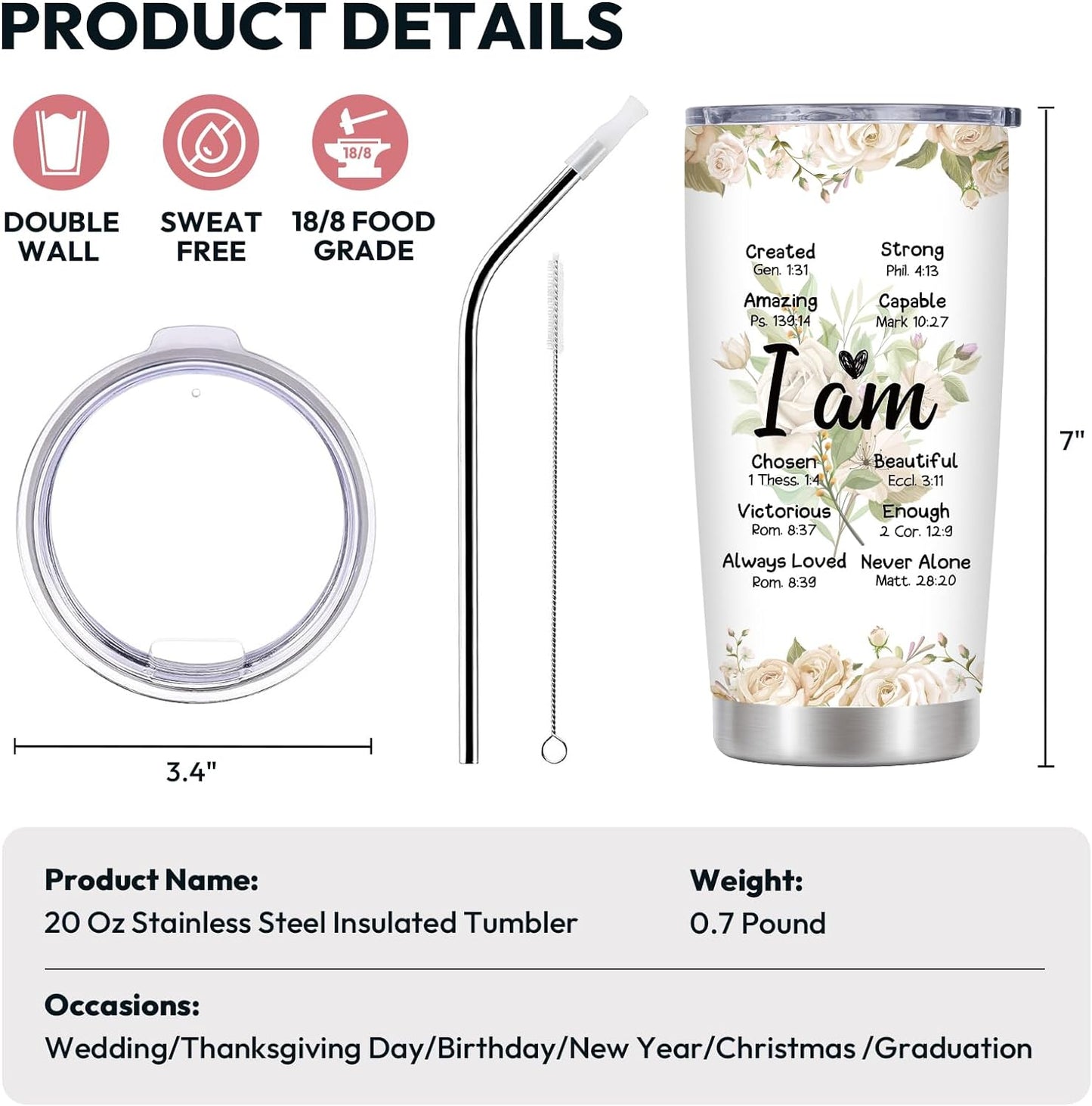 Inspirational Christian Gifts for Women: Perfect for Birthdays, Holidays, and More - 20 Oz Stainless Steel Tumbler with Religious Messages