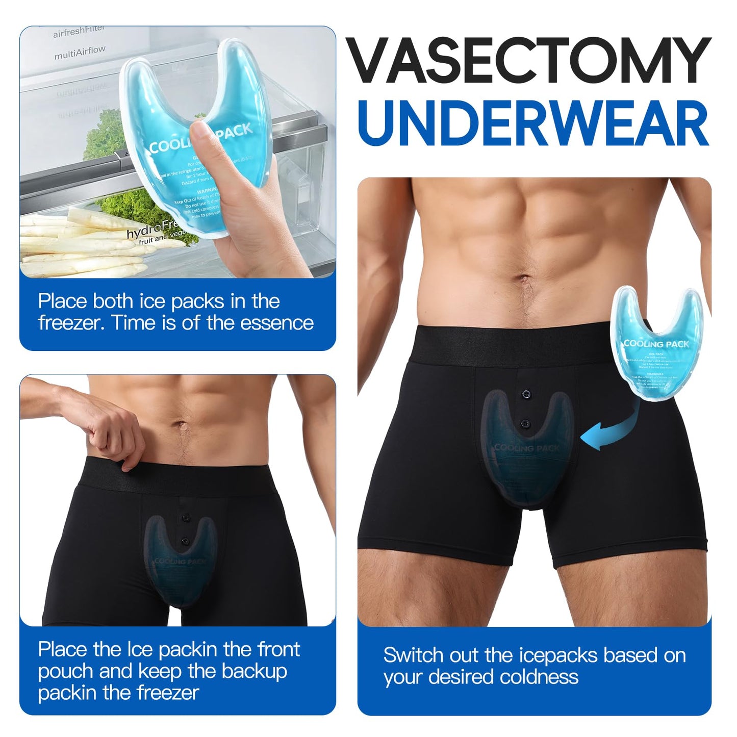 Post-Vasectomy Recovery Underwear Snug Briefs with 2 Custom Gel Ice Packs - Size 3XL