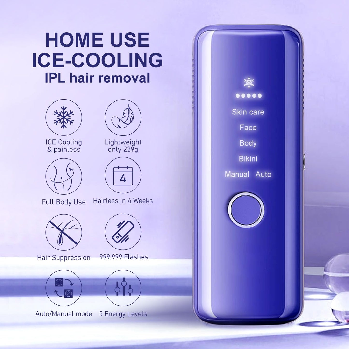 At-Home IPL Hair Removal Device with Ice-Cooling System, Painless Permanent Hair Removal for Men and Women