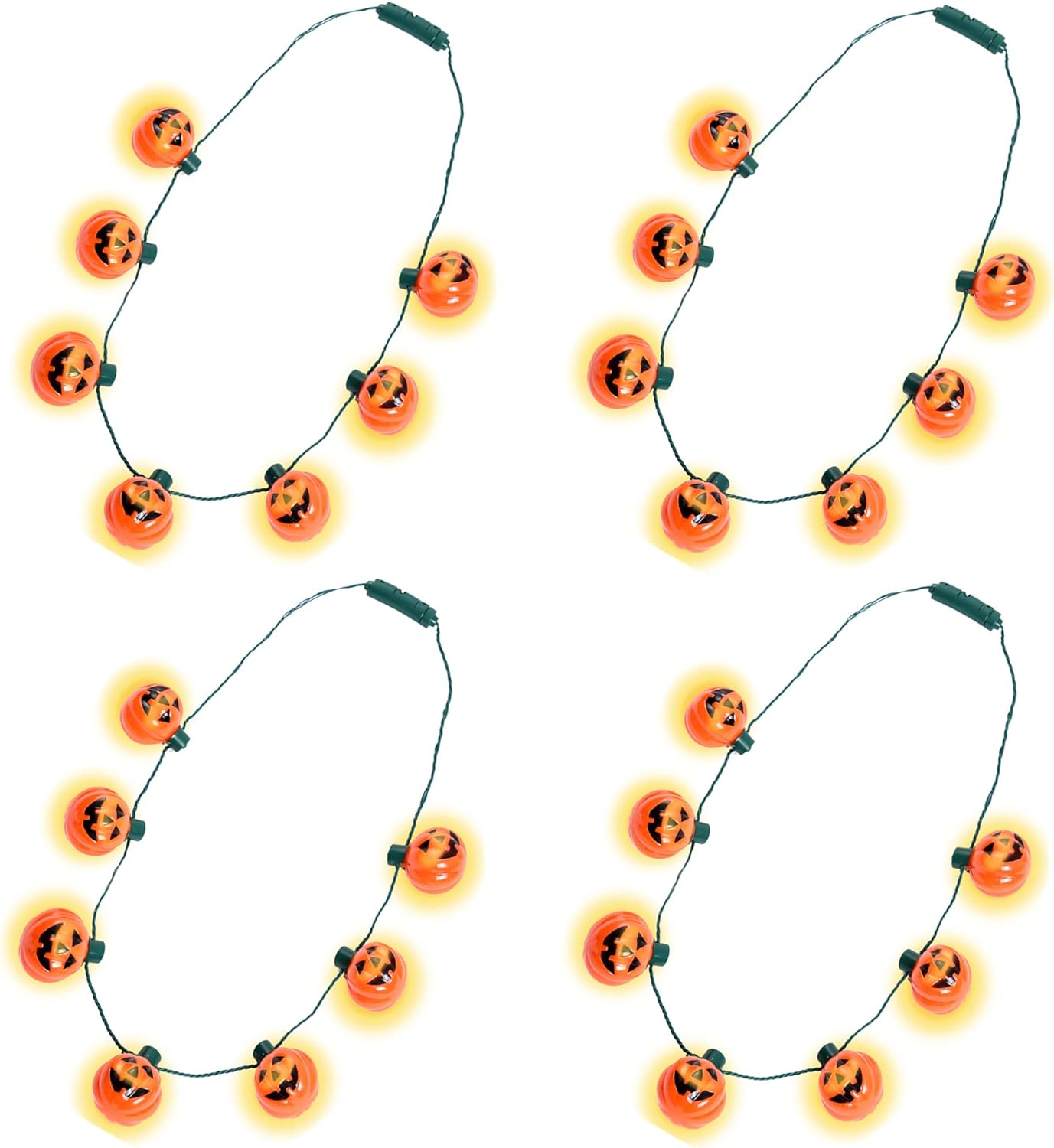 4pk Light Up Halloween Pumpkin Jack-O-Lantern Glow In The Dark Necklaces