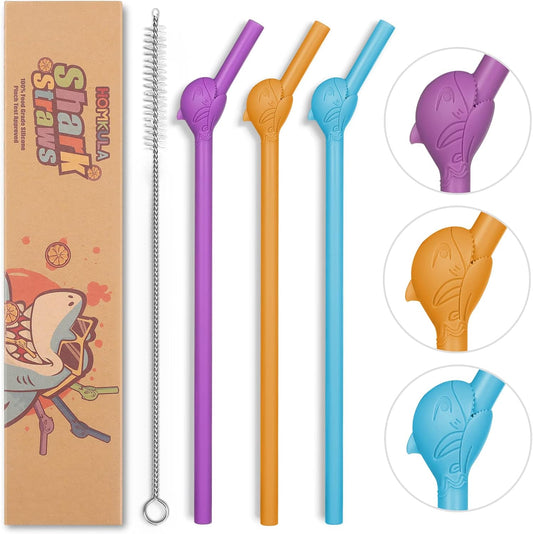 3-Pack Reusable Silicone Shark Straws - BPA Free, Extra Long 10" for 20-40oz Tumblers, Dishwasher Safe