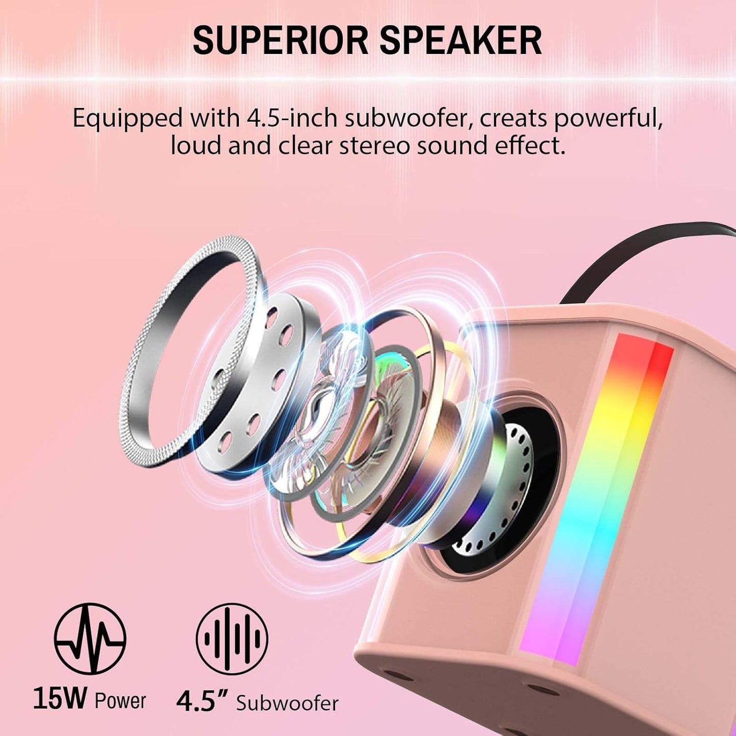 Pink Portable Bluetooth Karaoke Machine with Dynamic Lights & Dual Wireless Mics - Ideal for Home Parties