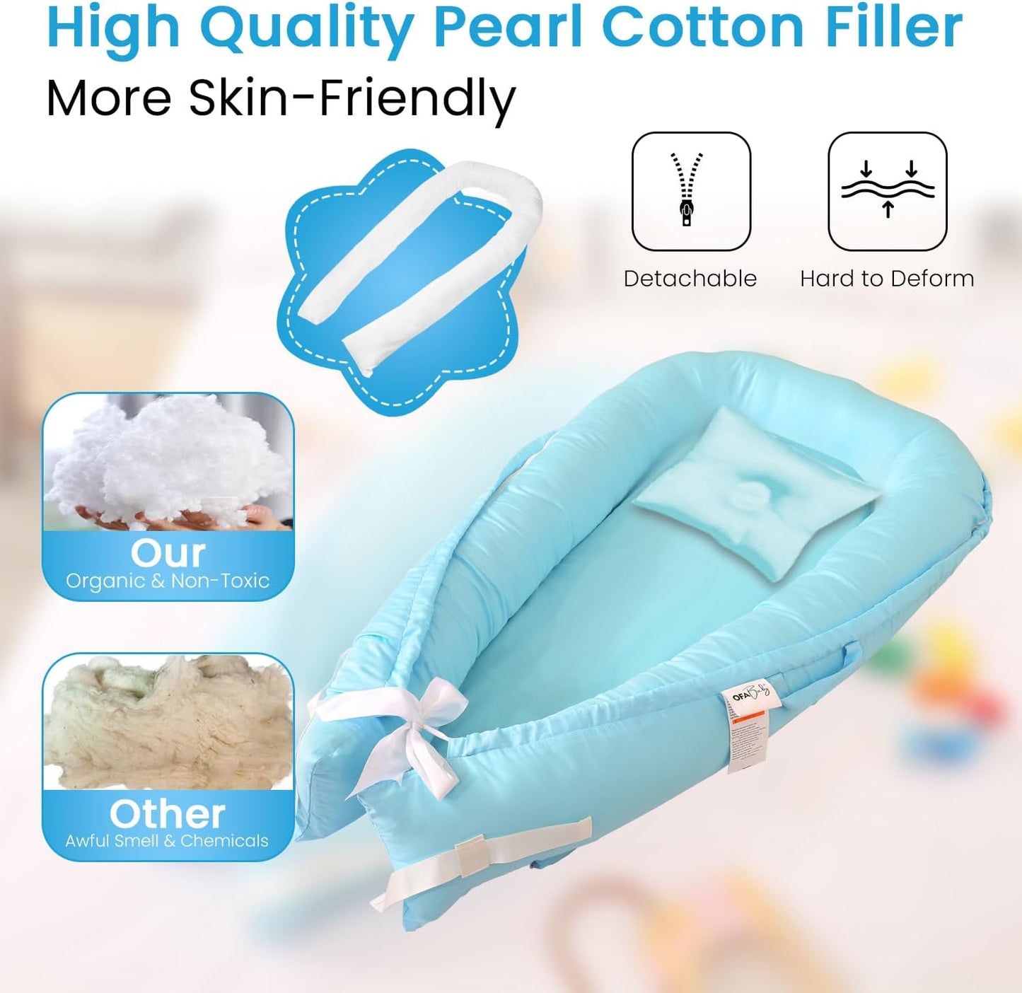 Baby Lounger Nest Pillow for 0-24 Months, Portable Foldable Baby Lounger with Soft Foam Mat, Removable Washable Cover, Blue