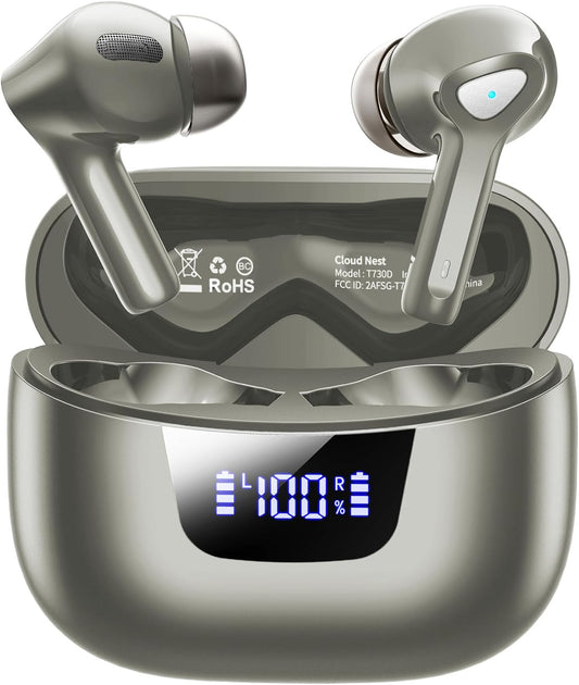 Wireless Earbuds with Mic, 50H Playback, Deep Bass, IPX7 Waterproof – Bluetooth 5.3, LED Display, Auto Pairing, Comfortable In-Ear Design for All Devices