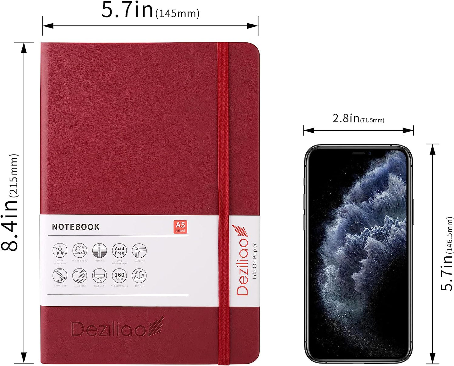 5.7"x8.4" Red 160 Page Ruled Hardcover Notebook/Journal w/ 100 GSM Paper