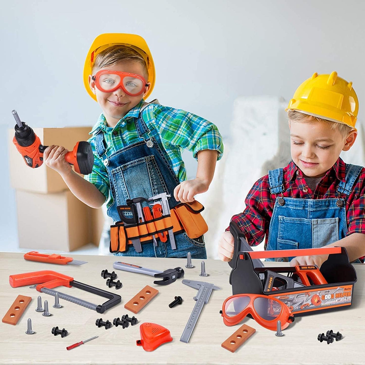 Kids 32-Piece Tool Set with Tool Box, Electronic Toy Drill & Tool Belt (19–28 in / 48–71 cm) – Pretend Construction Playset for Ages 3–7