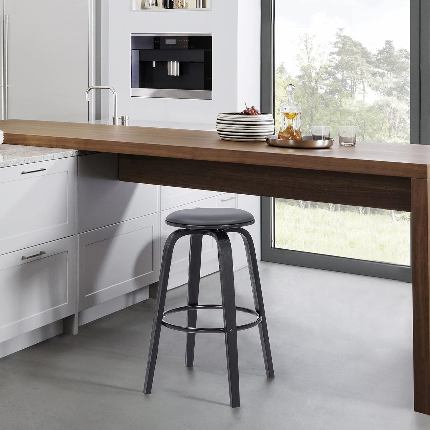 Sleek 30" Bar Height Swivel Stool in Grey Faux Leather & Black Wood - Mid-Century Modern, Backless Design with 360-Degree Swivel