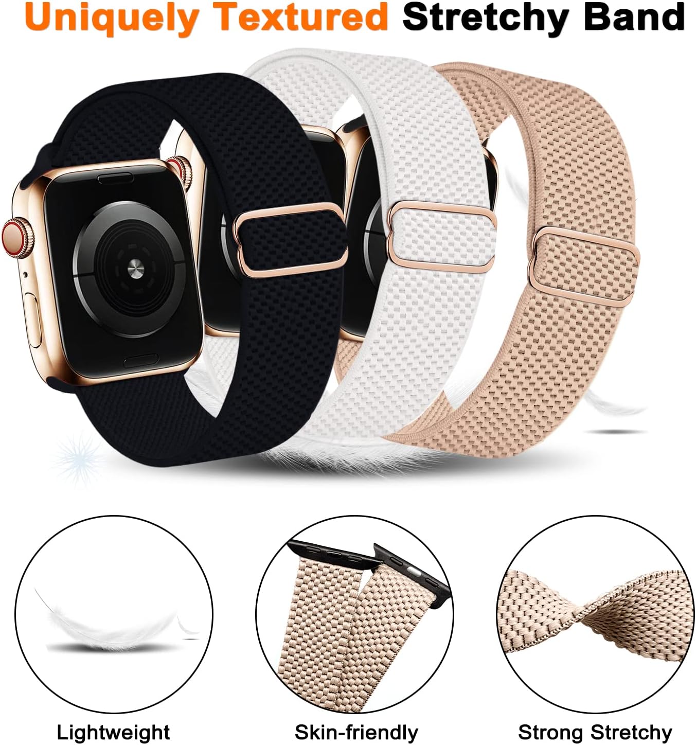 3 Pack Stretchy Nylon Solo Loop Band for Apple Watch 42mm, 44mm, 45mm - Adjustable, Breathable, in Black, White & Light Brown