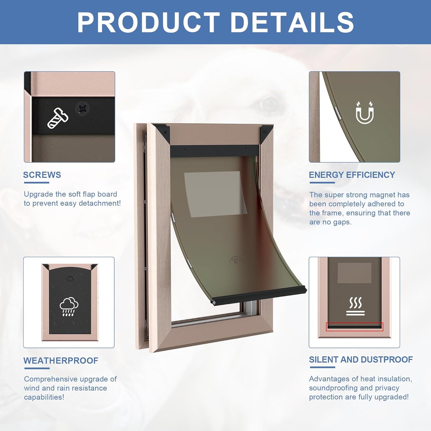 Size Large Rose Gold Aluminum Dog Door - Weatherproof with Magnetic Lock - Fits Dogs up to 100 lbs
