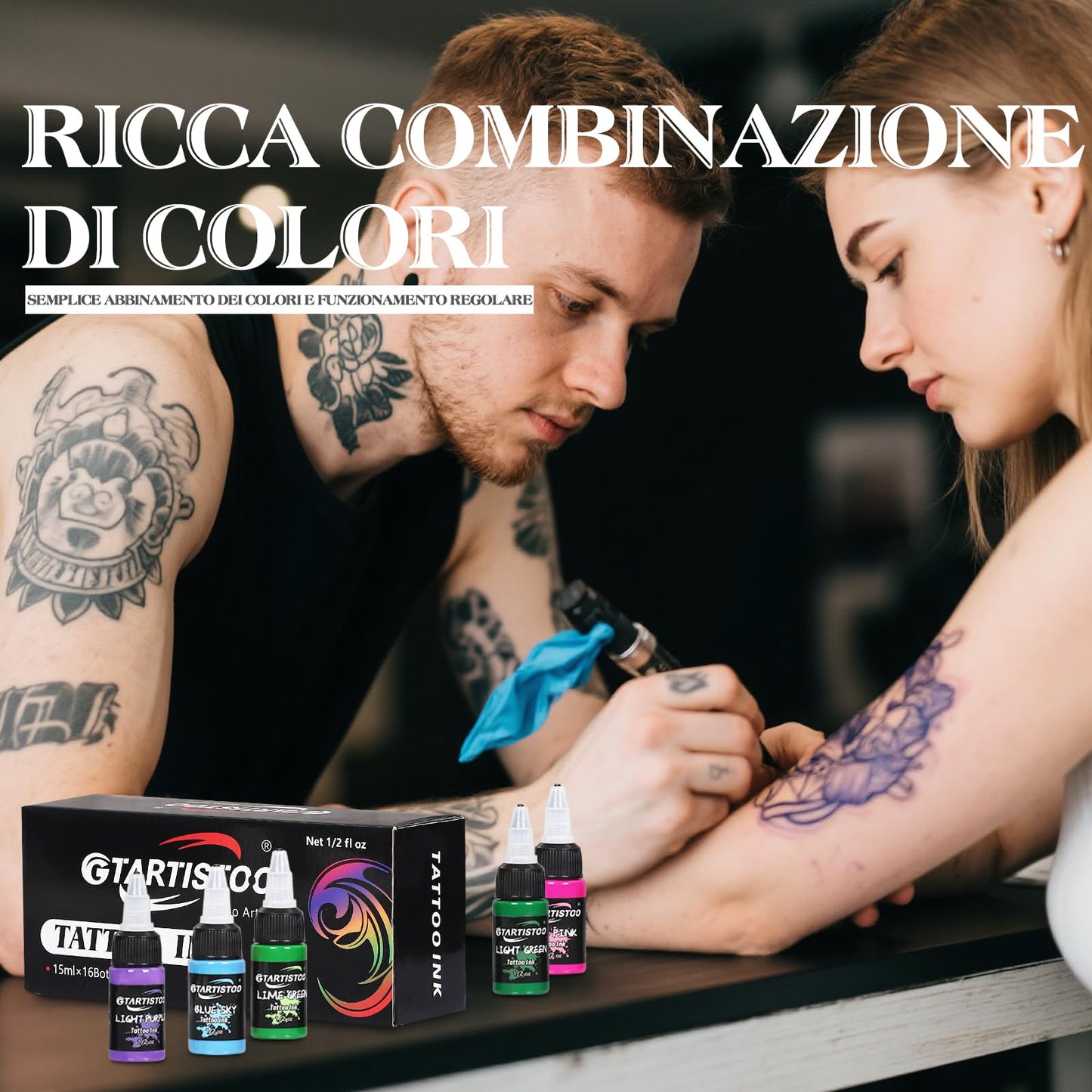 Tattoo Ink Set 16 Colors, 1/2 oz (15 ml) Professional Vegan-Friendly Pigment Tattoo Supplies Kit with True Black, Bright Red, Snow White Opaque