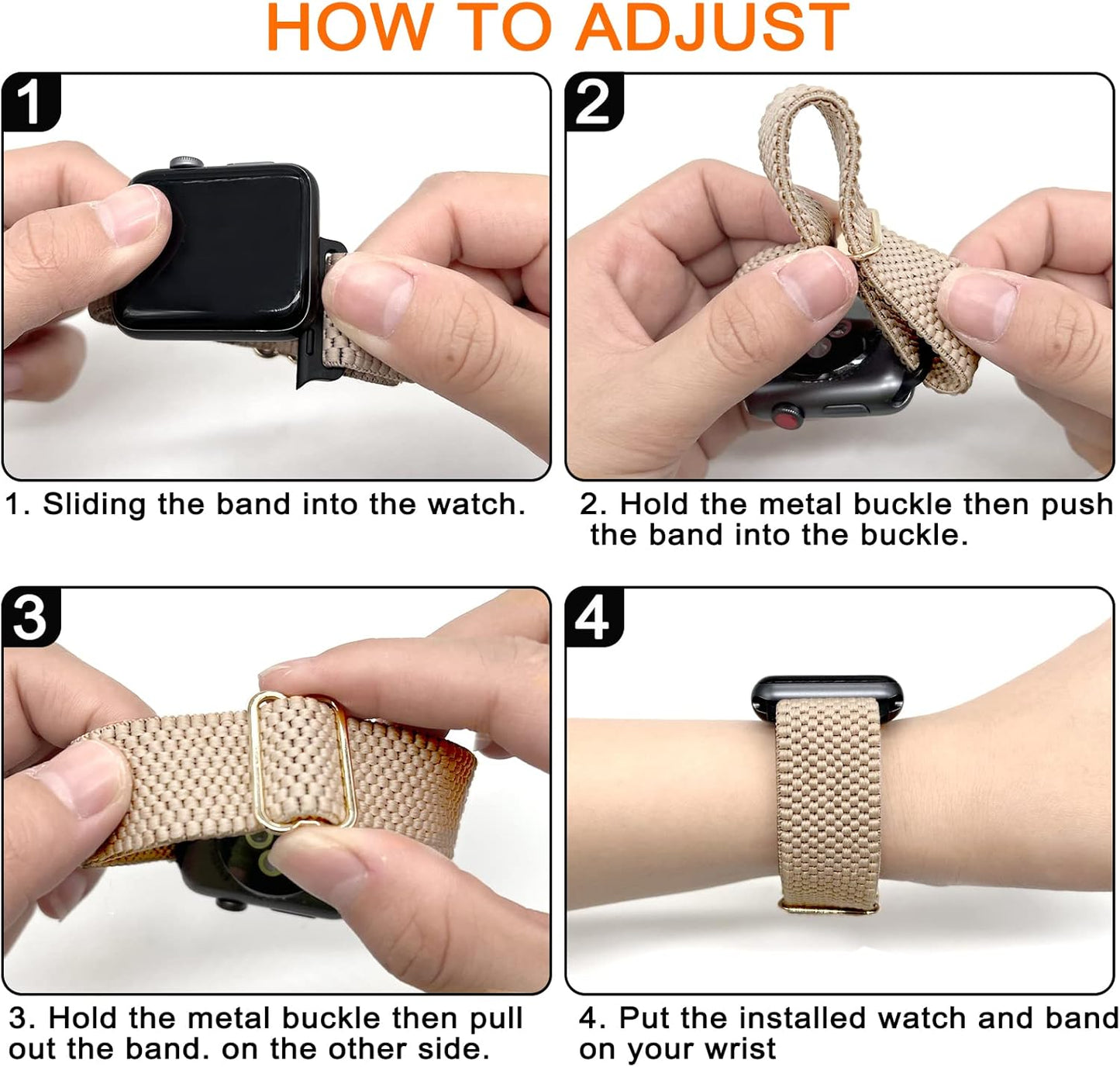 3 Pack Stretchy Nylon Solo Loop Band for Apple Watch 42mm, 44mm, 45mm - Adjustable, Breathable, in Black, White & Light Brown
