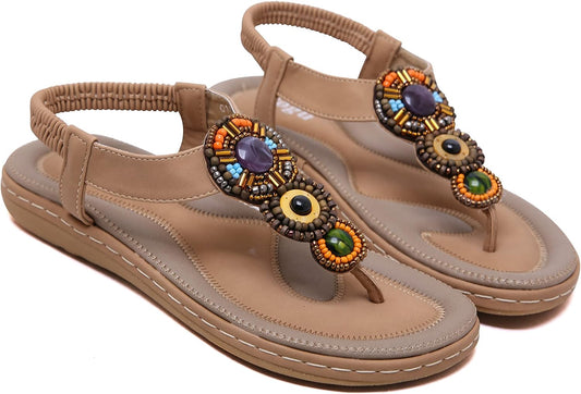 Apricot T-Strap Boho Beads Beach Sandals/Flats