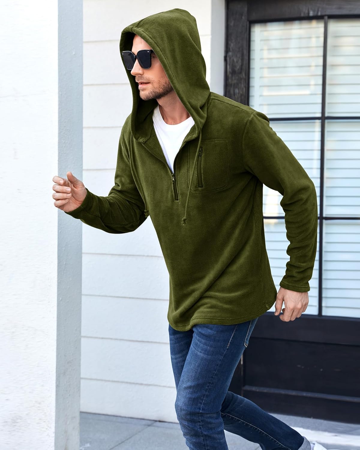 Army Green Tactical Fleece Jacket XL for Men | Outdoor Half Zip Hooded Pullover