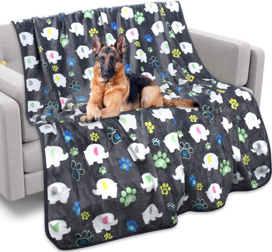 Premium Dog Blanket for Large Dogs, Flannel Elephant & Paw Print, 60x50" - Pet Comfort