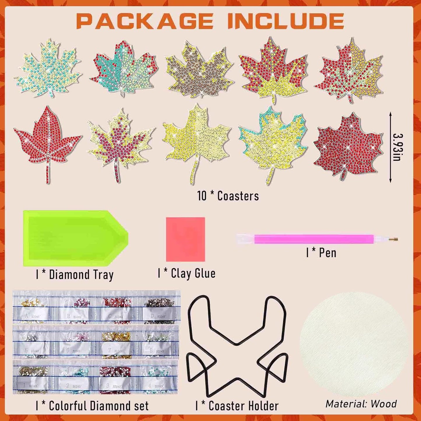 10pcs Maple Leaf DIY Diamond Painting Coaster Kit with Holder