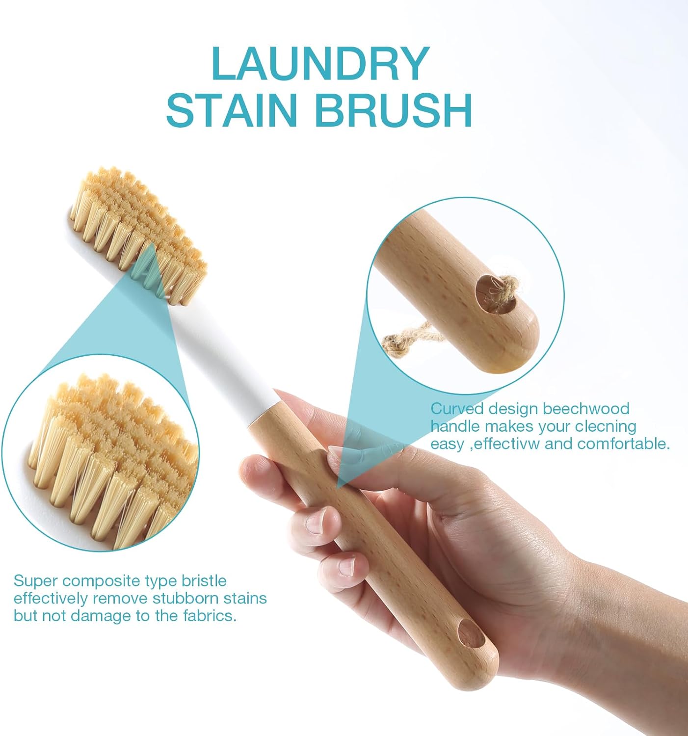 Ergonomic Wood Laundry Brush with Soft Bristles for Effective Stain Removal on Clothes and Shoes