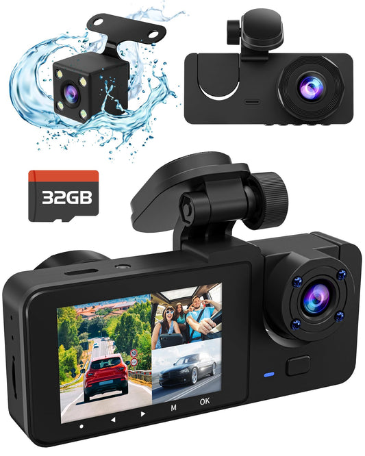 3 Channel Dash Camera for Cars - 4K UHD Front, Rear, and Inside Cabin Triple Dash Cam with 32GB SD Card and IR Night Vision