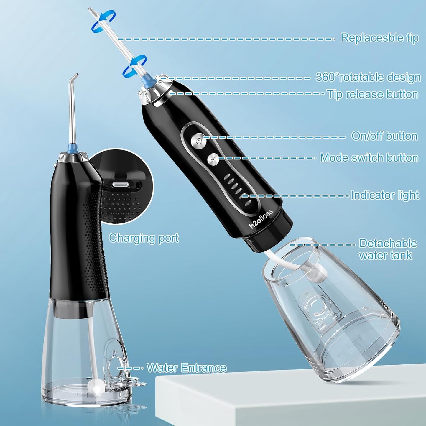 Portable Water Dental Flosser with 5 Modes - Cordless, Rechargeable, Waterproof, 300ml Tank for Home & Travel