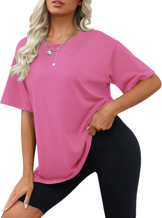 Pink Medium Women's Oversized T-shirt, Short Sleeve Loose Fit Casual Top, Summer Blouse