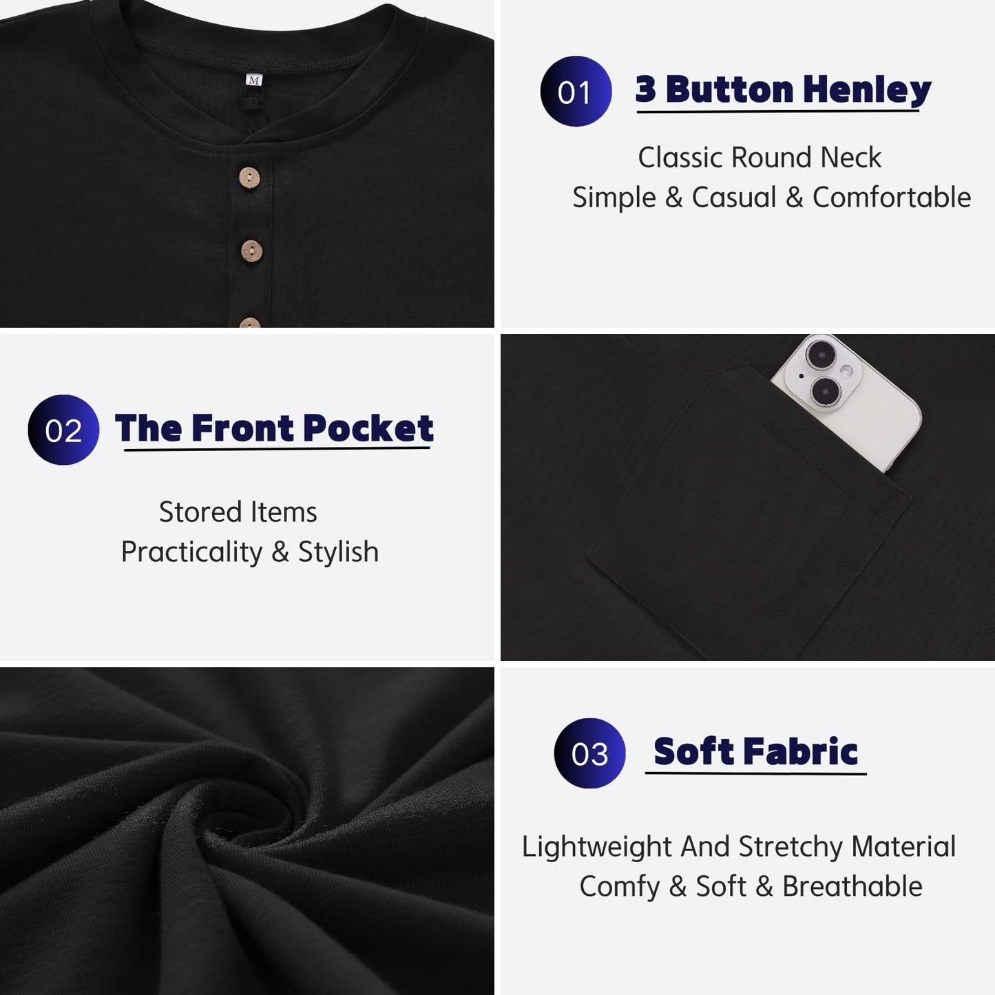 Men's 3XL Black Henley Short Sleeve Shirt Casual Lightweight Button Pocket T-Shirt Breathable Stretch Summer Basic Tee for Work Golf Vacation