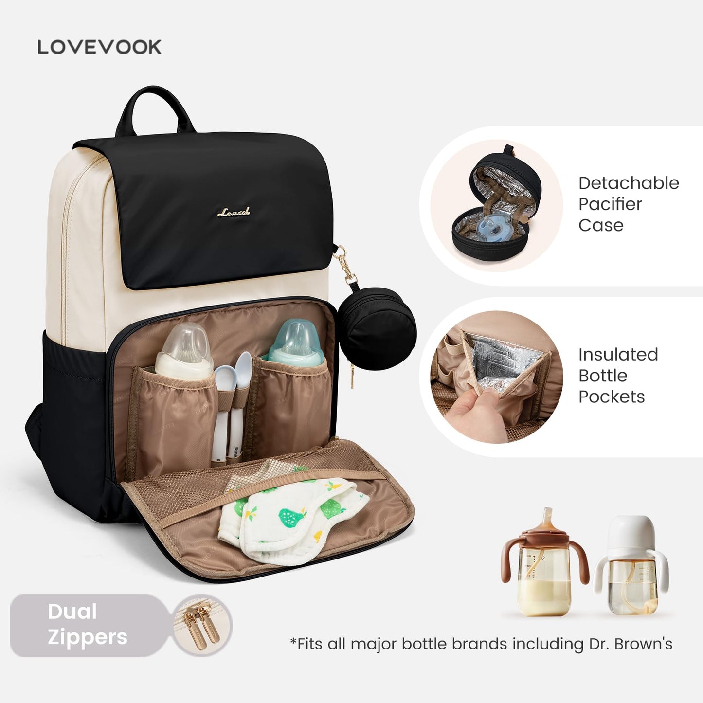 Waterproof Diaper Bag Backpack with Changing Pad and Stroller Straps - Black