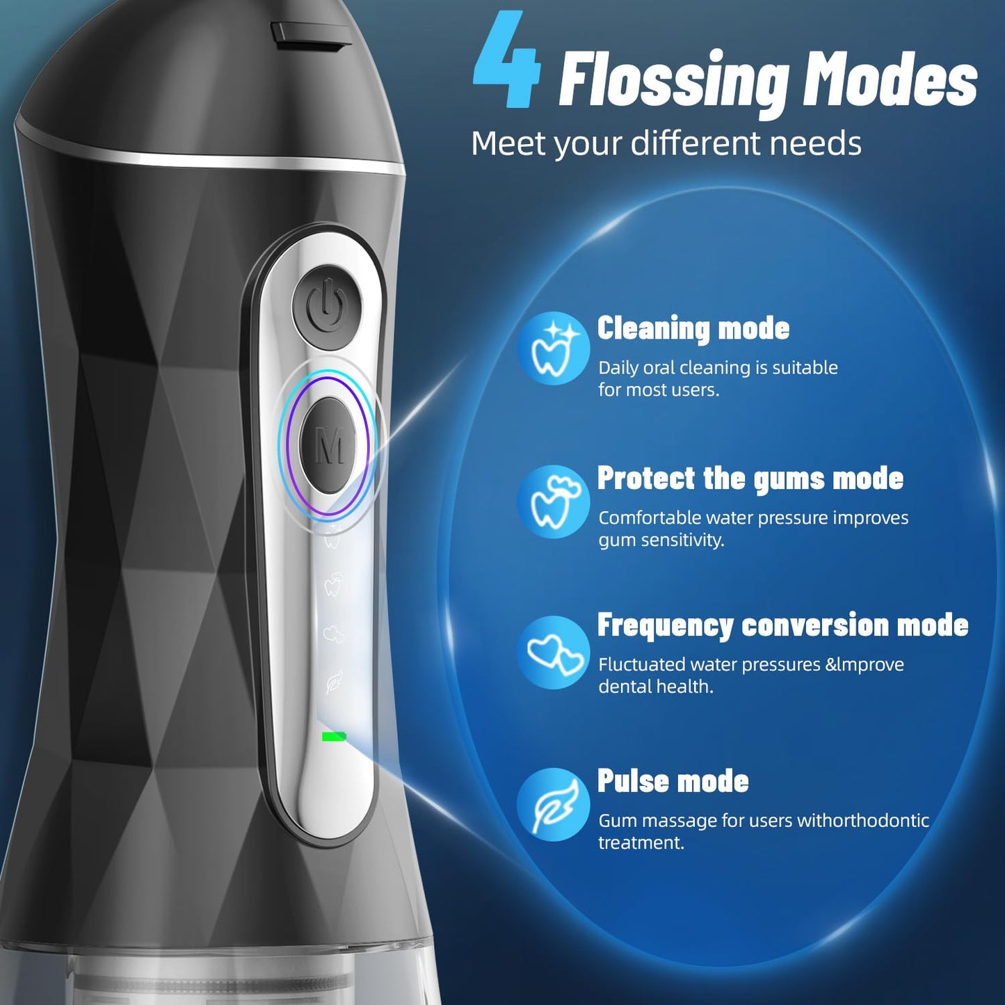 Portable Cordless Water Dental Flosser, 320ML Rechargeable Oral Irrigator, IPX7 Waterproof Teeth Cleaner with 5 Nozzles - Black