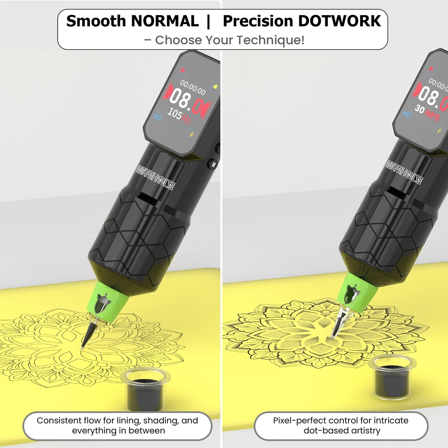 Wireless Tattoo Machine with 1500mAh Battery - Aluminum Alloy Smart Tattoo Pen with Dot Work Mode - Black