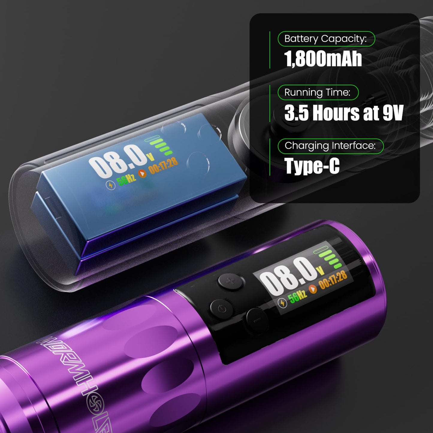 Wormhole Wireless Tattoo Machine Kit with 1,800mAh Battery, 20 Cartridge Needles, and Black Ink