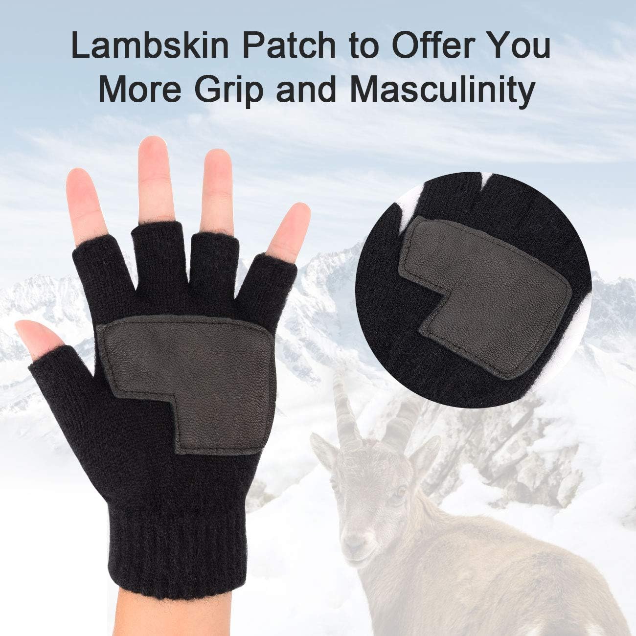 Warm Knit Fingerless Gloves for Men with Leather Grip - 2 Sets 1 Black & 1 Grey