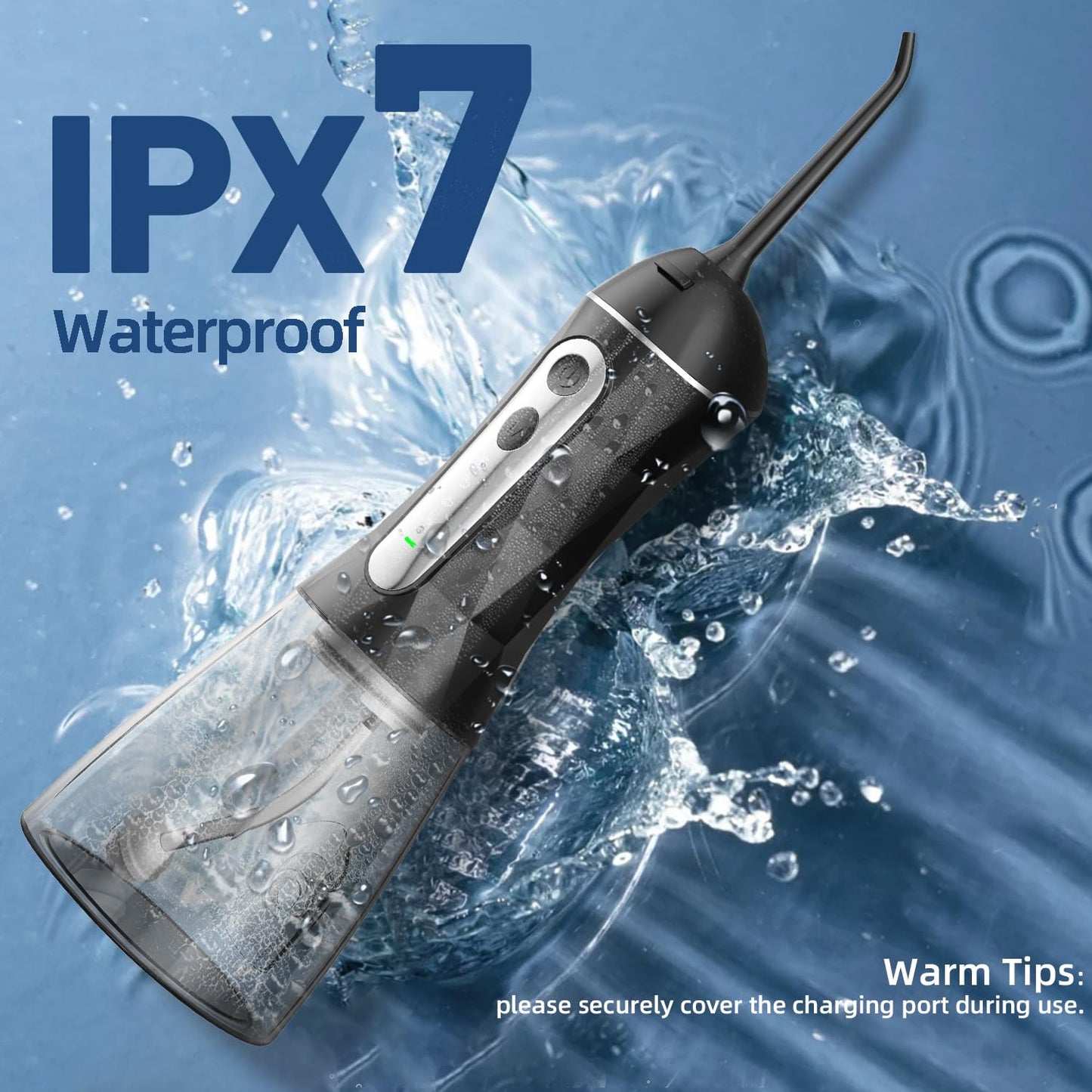 Portable Cordless Water Dental Flosser, 320ML Rechargeable Oral Irrigator, IPX7 Waterproof Teeth Cleaner with 5 Nozzles - Black