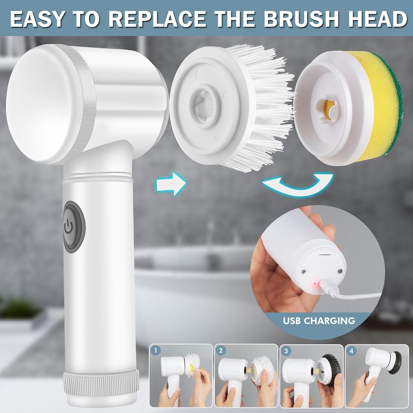 Cordless Electric Spin Scrubber with 5 Replaceable Heads: Ideal for Tub, Shower, Tile, and Floor Cleaning