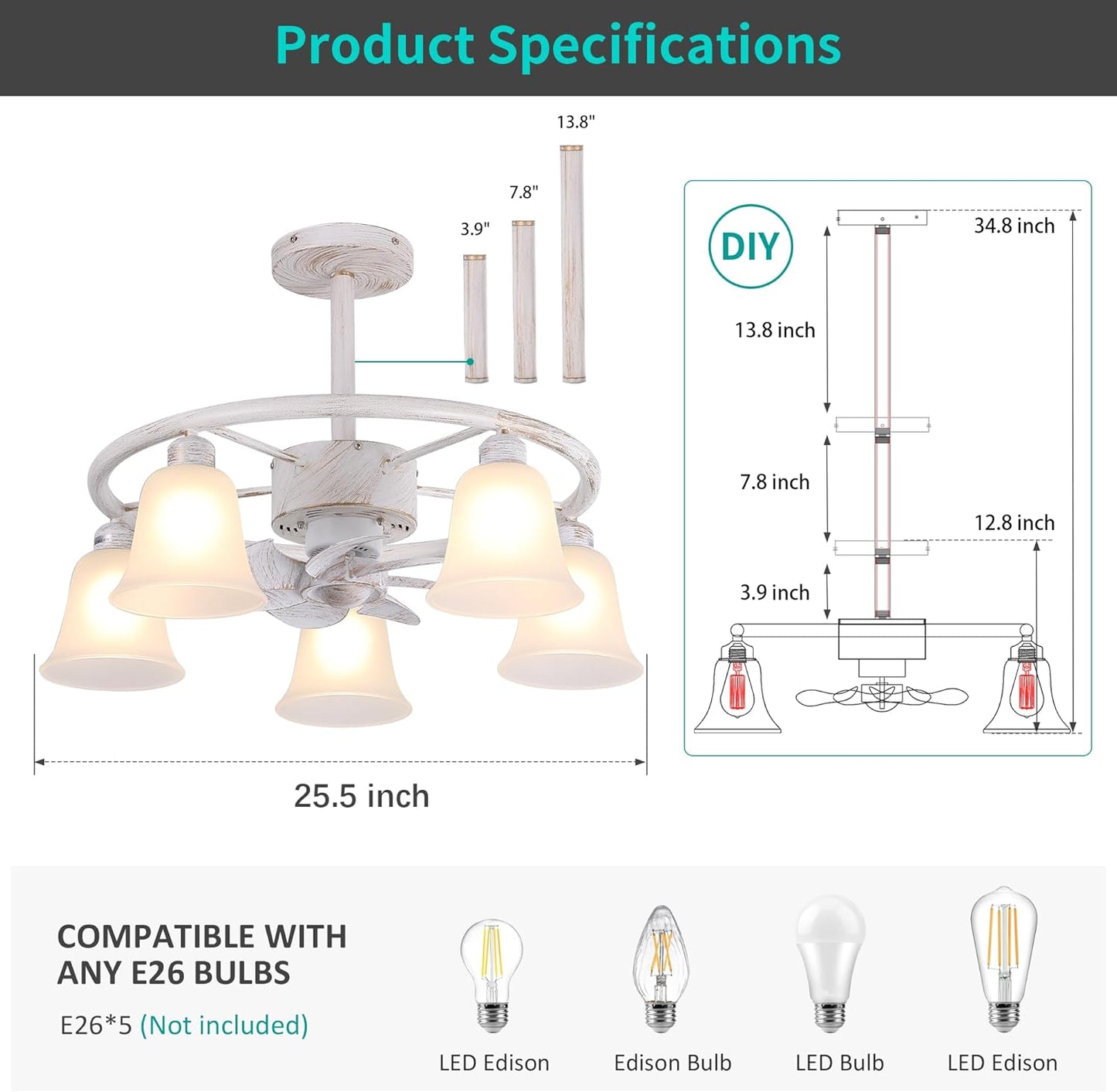 25" Matte White & Gold Ceiling Fan with Lights & Remote - Modern Farmhouse Style
