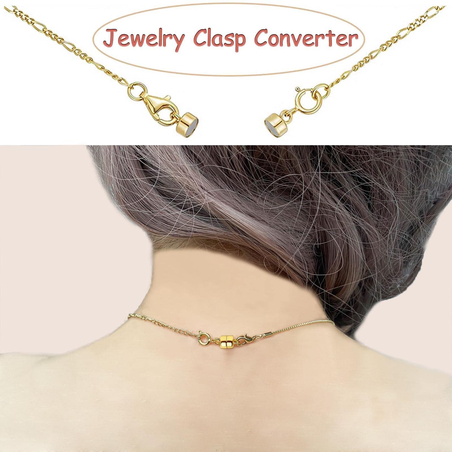 Strong Magnetic Necklace Clasps and Closures, Gold and Silver Plated Jewelry Clasp Converters for Bracelets, Necklaces, and Chains, 2-Piece Set