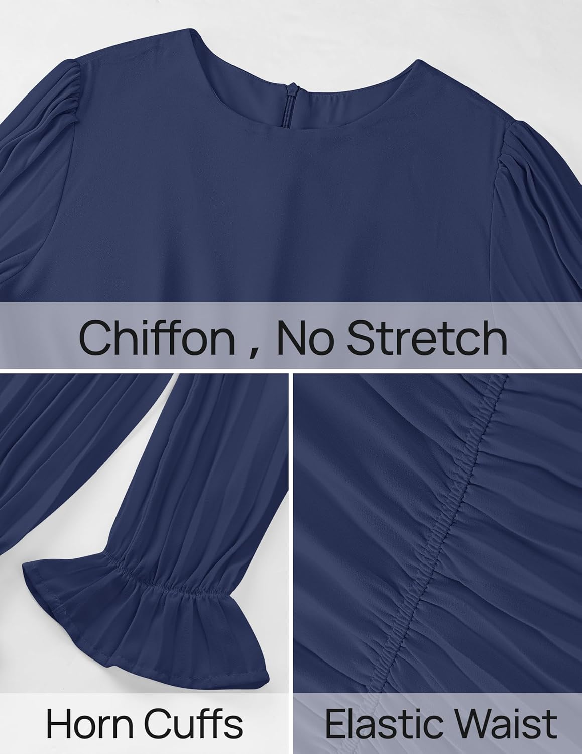 Dark Blue Medium Women's Long Sleeve Chiffon Midi Dress with Pleated Skirt and Detachable Belt