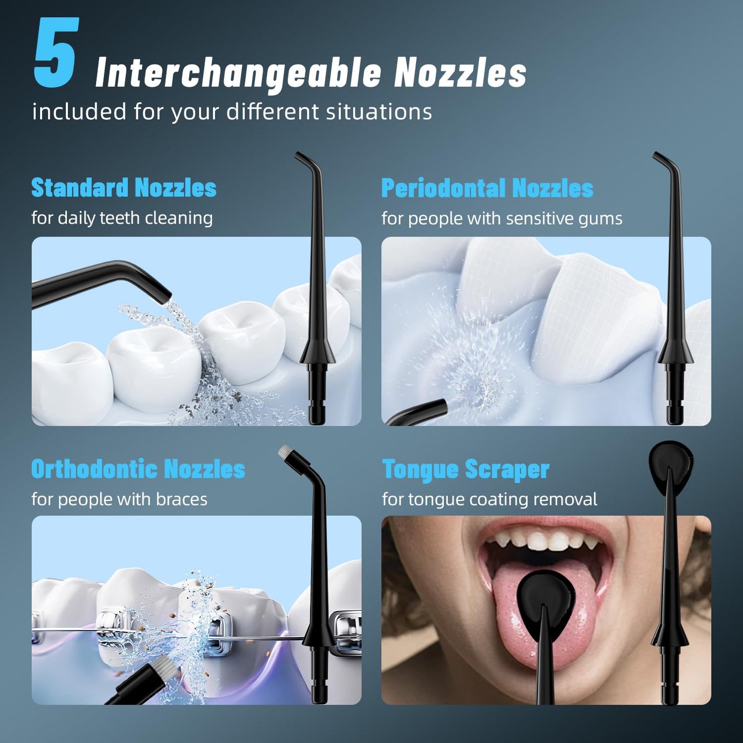 Portable Cordless Water Dental Flosser, 320ML Rechargeable Oral Irrigator, IPX7 Waterproof Teeth Cleaner with 5 Nozzles - Black