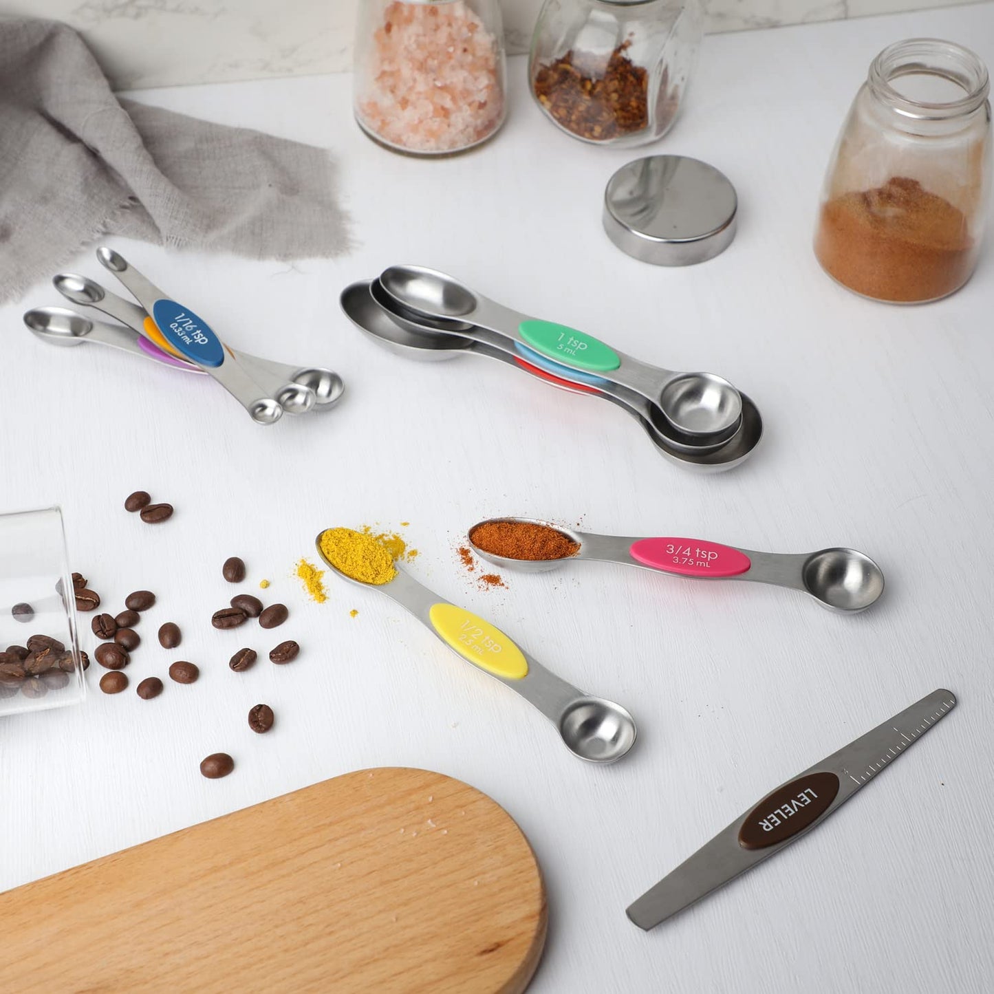 Magnetic Measuring Spoons Set of 9 - Dual Sided Stainless Steel Nesting Spoons