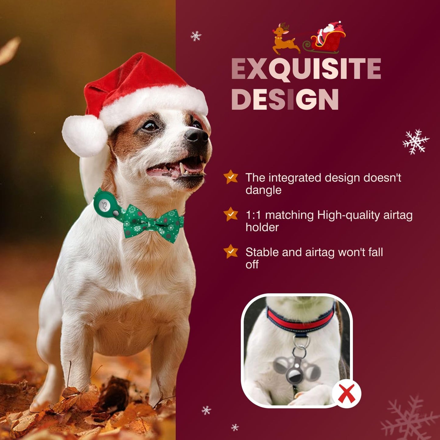 Size Large Green Snow AirTag Dog Collar - Fashionable, Adjustable, Soft Nylon Pet Collar with Detachable Bow Tie, GPS Holder