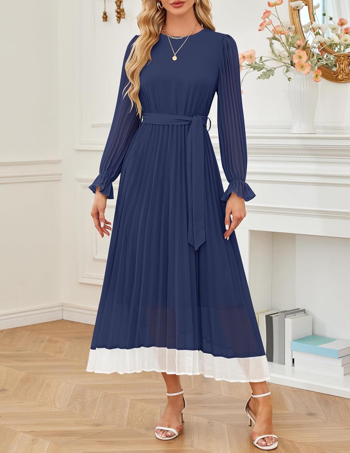 Dark Blue Medium Women's Long Sleeve Chiffon Midi Dress with Pleated Skirt and Detachable Belt