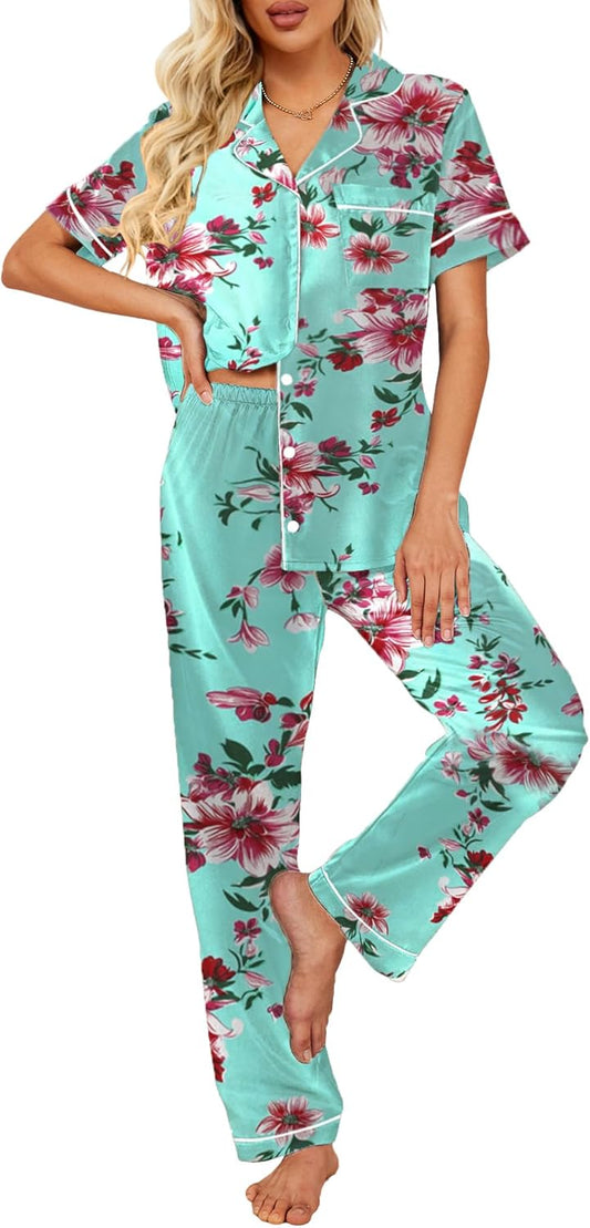 Small Green Flower Silk Satin Women's Pajamas Set: Comfy, Elegant Sleepwear