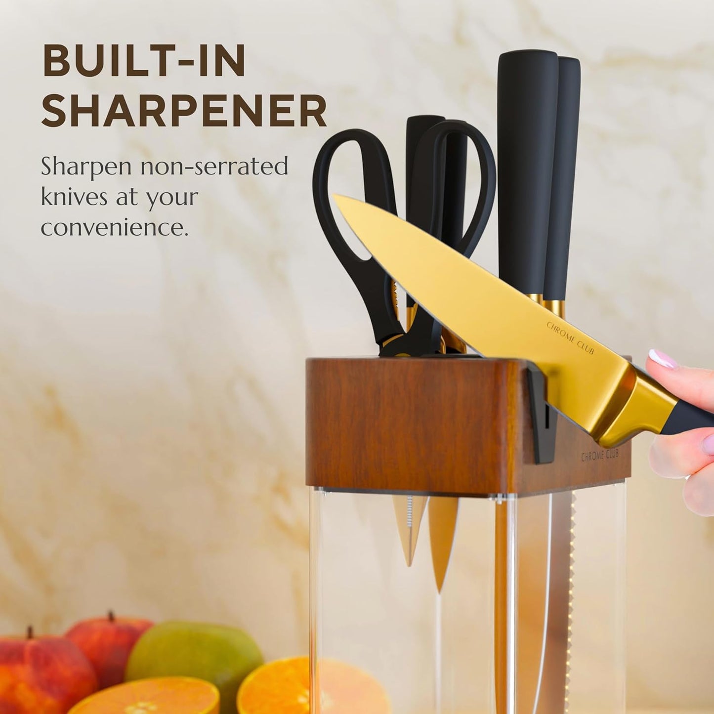 Black and Gold 7-Piece Knife Set with Clear Display Block and Sharpener