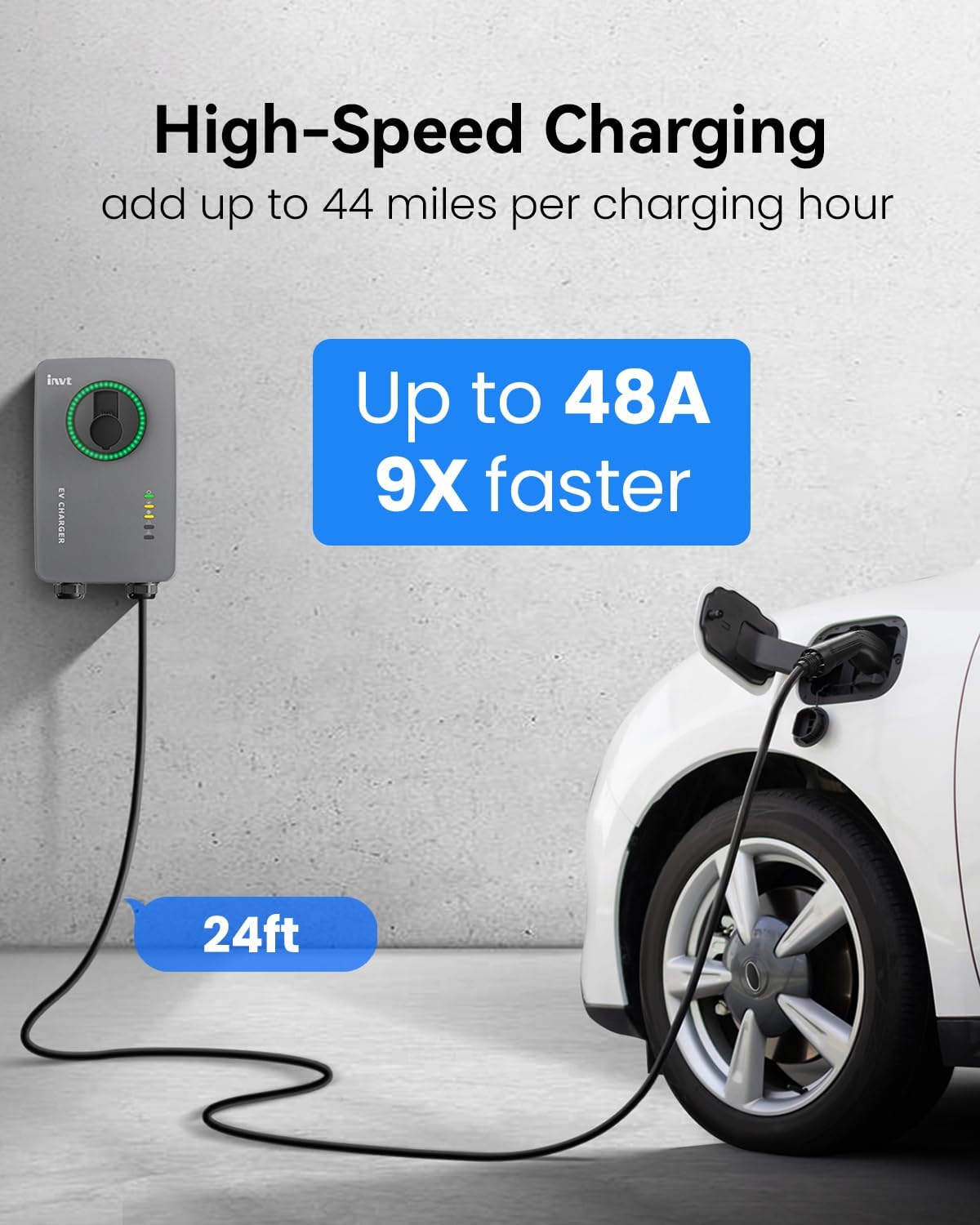 48 Amp Level 2 EV Charger, Wi-Fi Enabled, 24' Cable, Indoor/Outdoor, 240V
