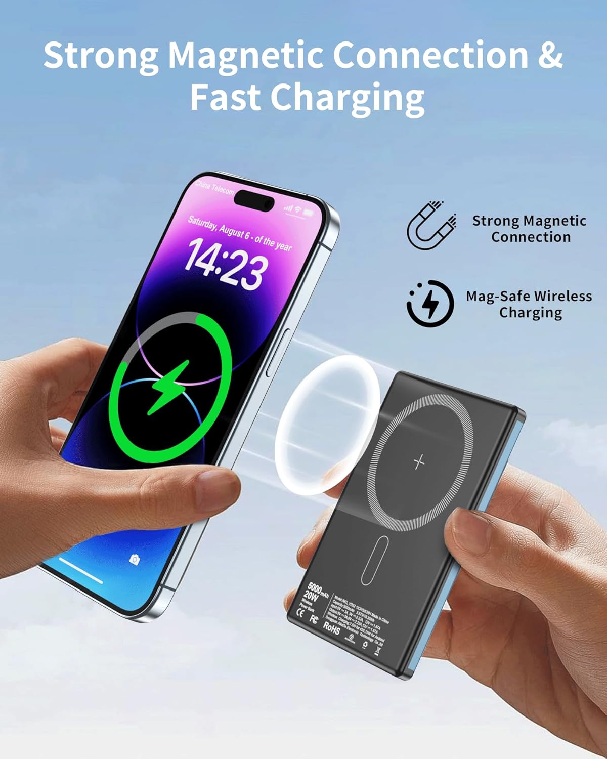 Magnetic Portable Charger 5000mAh, 0.29in Slim, 20W PD USB-C Two-Way, 7.5W/15W Wireless, Model AKD-YD52, Compatible with Phone 17/16/15/14/13 Series (Blue)