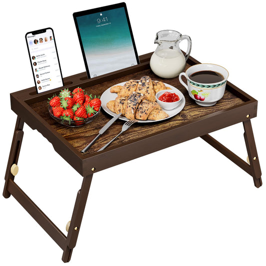 Bamboo Breakfast Tray with Adjustable Telescopic Legs, Removable Device Stand, Ergonomic Handle, Foldable Bed Tray for Laptop, Tablet, Dining, Vintage Walnut