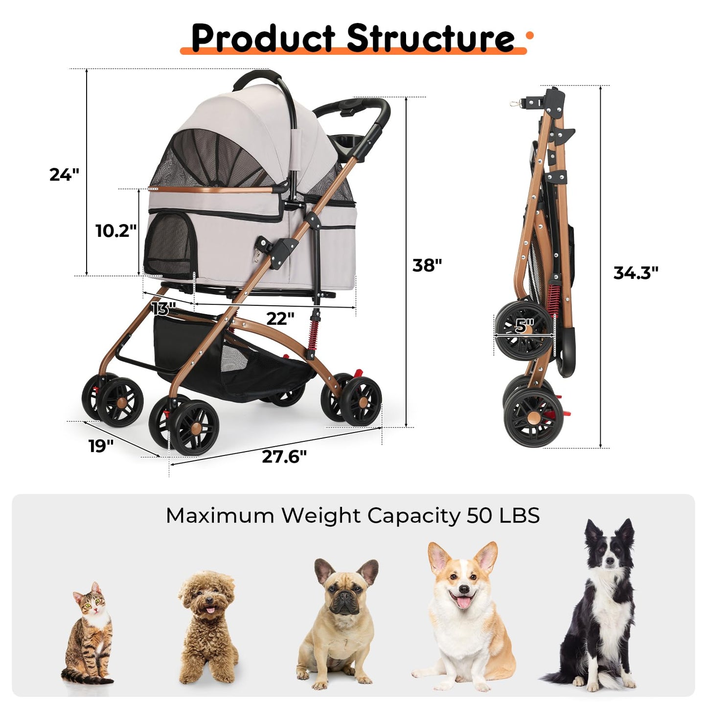 3-in-1 Foldable Pet Stroller for Medium Dogs and Cats up to 50 lbs - Detachable Carrier and Car Seat with Storage Basket - All-Terrain Jogging Stroller, Grey