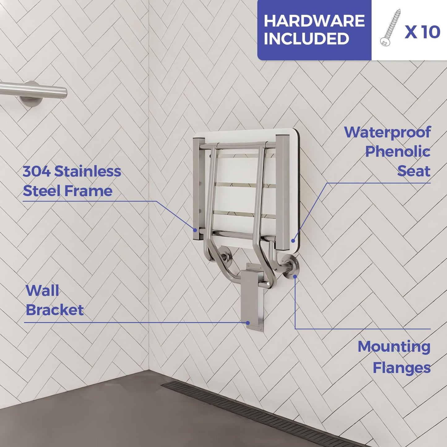 ADA Compliant White Folding Shower Seat Bench, 18 x 16 Inch Wall Mount Phenolic Bathroom Chair, 400 lb Capacity