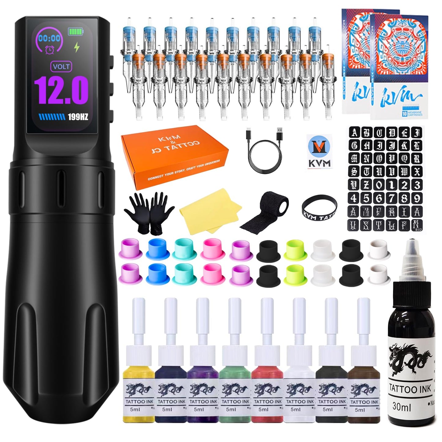Wireless Tattoo Pen Kit with Large IPS Screen, 1800mAh Battery, 4-12V Adjustable, 20 Cartridges, Practice Inks & Accessories