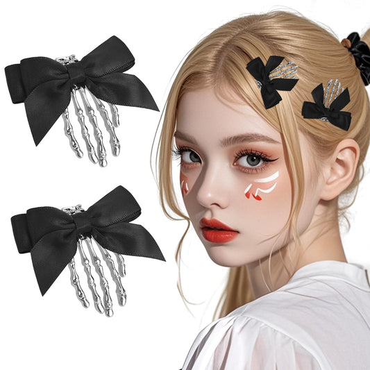 2 Pcs Black Skeleton Hand Hair Clips with Butterfly Design, Goth Halloween Accessories